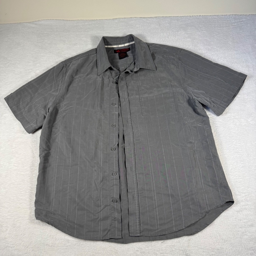 Tony Hawk Button Down Shirt Mens Medium Grey Excellent Short Sleeve Striped